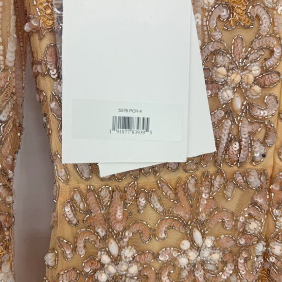 Mac Duggal 5576 Bead & Sequin Long Sleeve Sheath Gown Peach Size 4 NWT - Picture 10 of 16